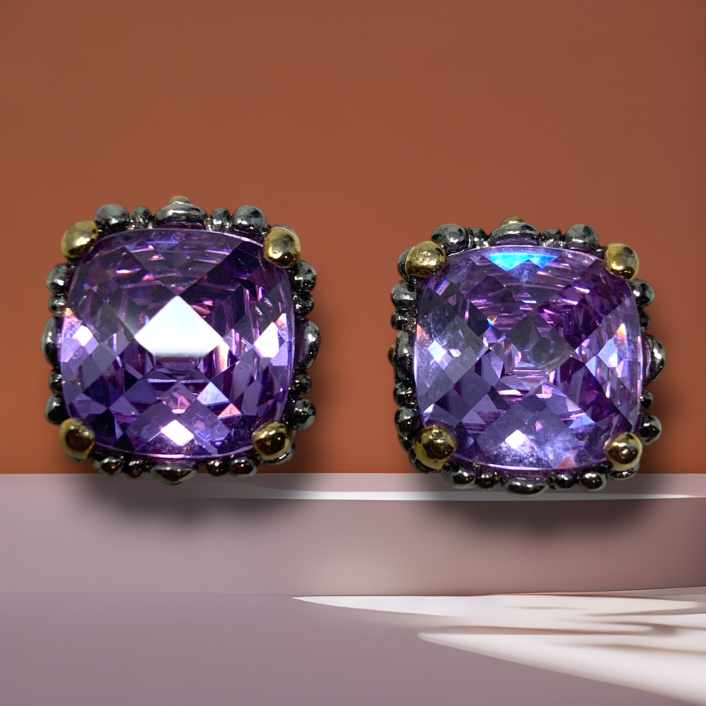 Vintage Purple Crystal Pendant Earrings Set Cushion Cut Gold Tone 80s Glam - Picture 2 of 4